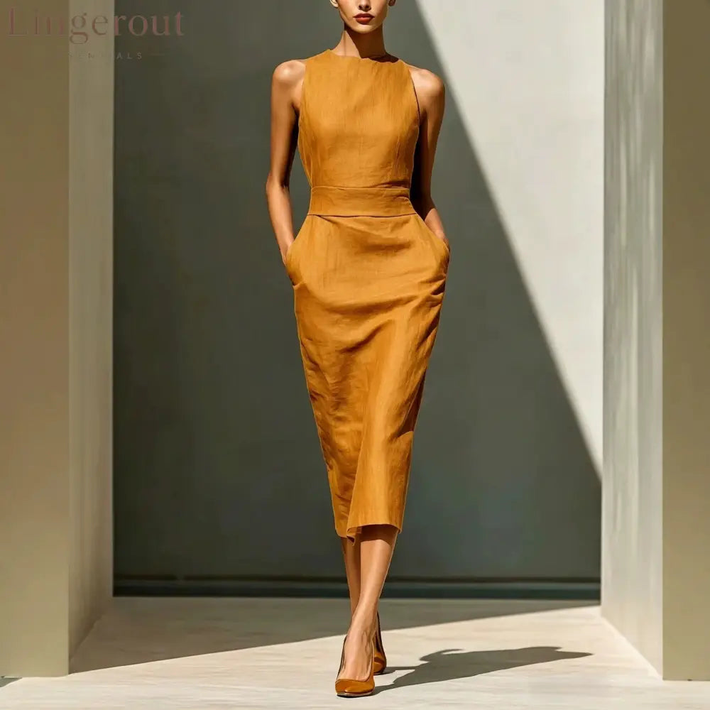 Women’S Elegant Sleeveless Slim Fit Hip-Covering Mid-Length Dress