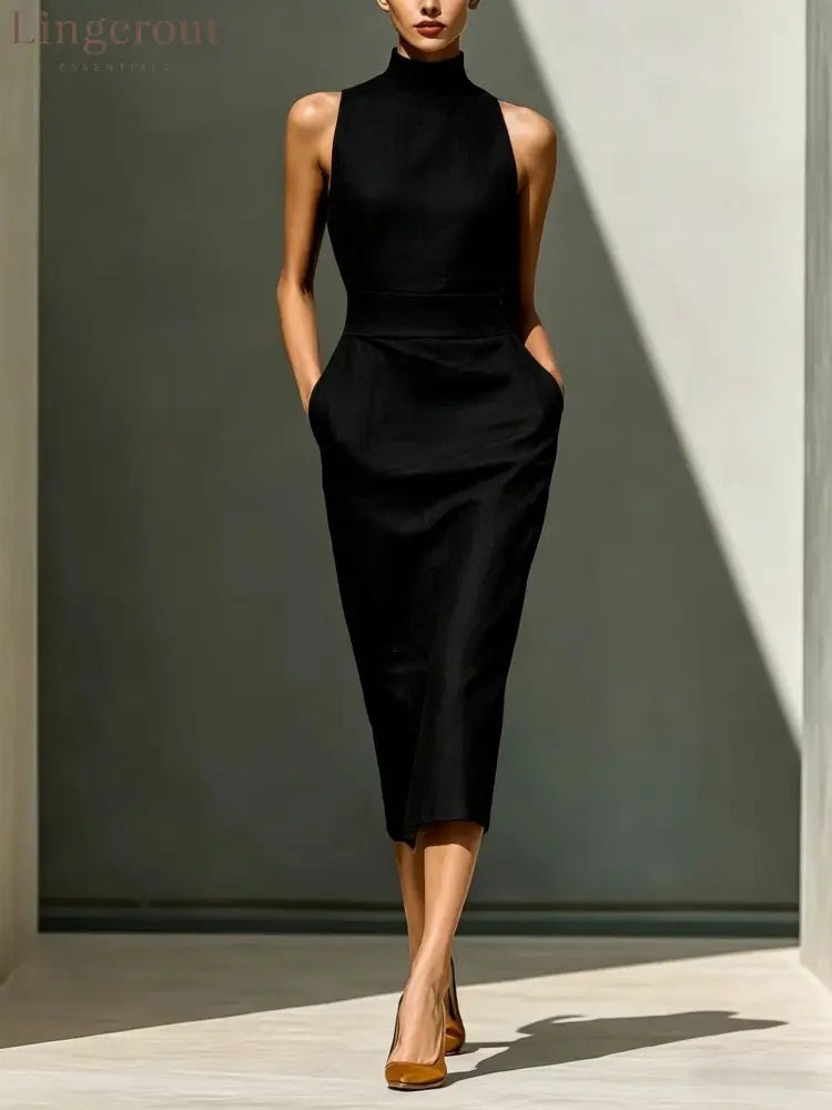 Women’S Elegant Sleeveless Slim Fit Hip-Covering Mid-Length Dress - Black / S