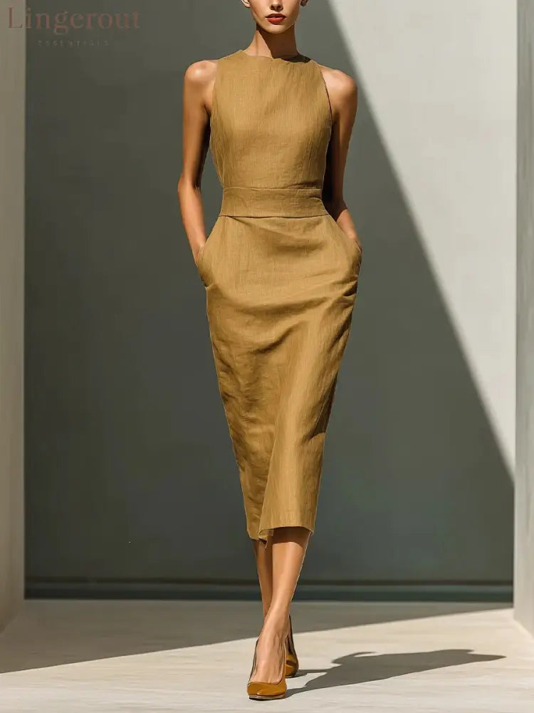 Women’S Elegant Sleeveless Slim Fit Hip-Covering Mid-Length Dress - Camel / S