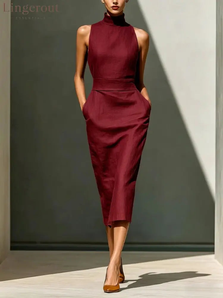 Women’S Elegant Sleeveless Slim Fit Hip-Covering Mid-Length Dress - Claret / S