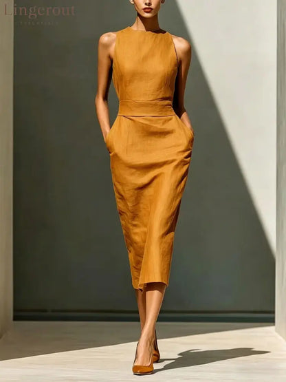 Women’S Elegant Sleeveless Slim Fit Hip-Covering Mid-Length Dress - Orange color / S