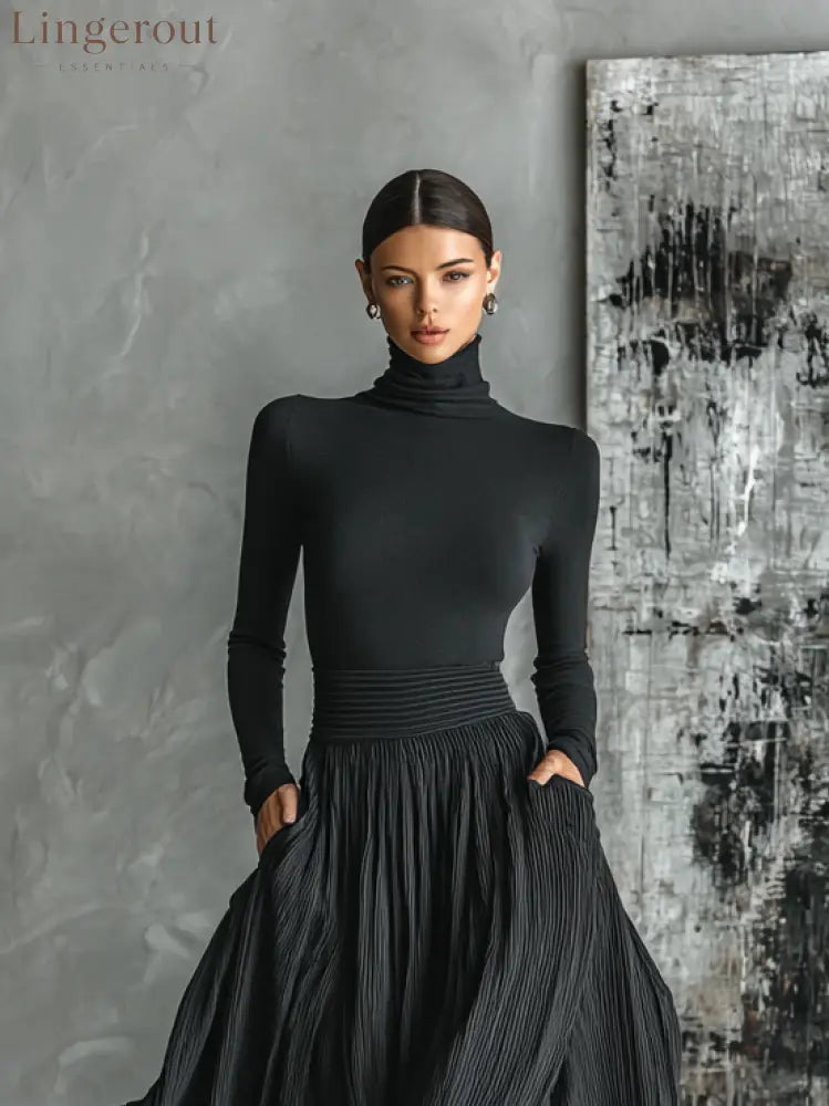 Women’s Fashion All Black Skinny Turtleneck T-shirt Pleated Skirt Set - Set