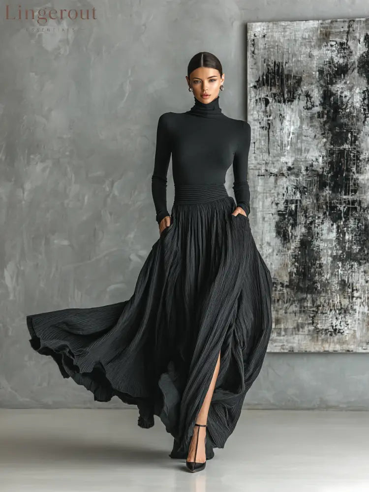 Women’s Fashion All Black Skinny Turtleneck T-shirt Pleated Skirt Set - Set