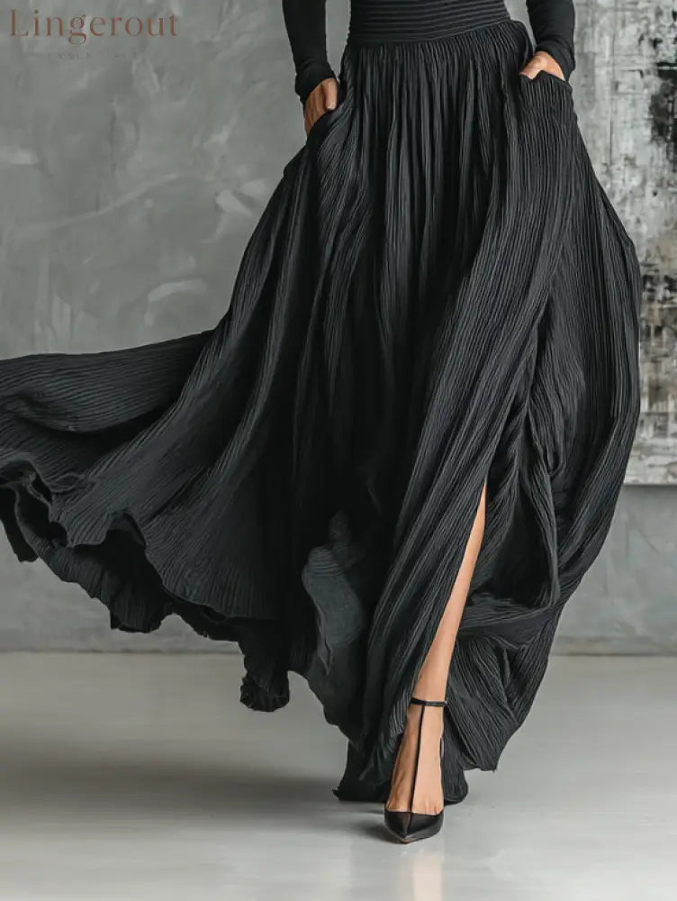 Women’s Fashion All Black Skinny Turtleneck T-shirt Pleated Skirt Set - Set