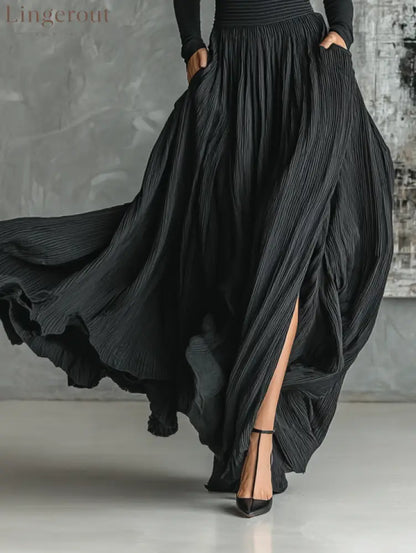 Women’s Fashion All Black Skinny Turtleneck T-shirt Pleated Skirt Set - Set