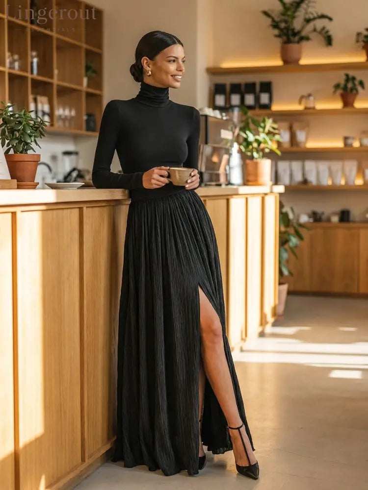 Women’s Fashion All Black Skinny Turtleneck T-shirt Pleated Skirt Set - Set