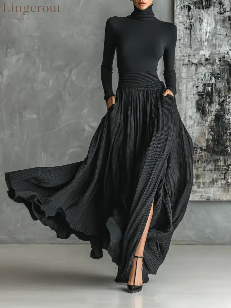 Women’s Fashion All Black Skinny Turtleneck T-shirt Pleated Skirt Set - Black / S - Set