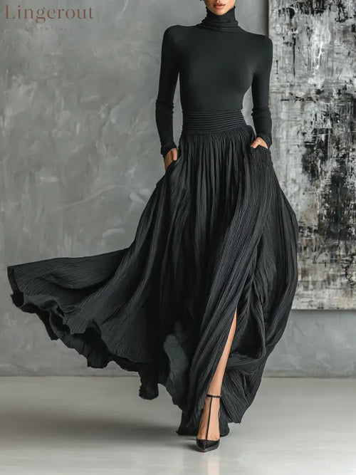 Women’s Fashion All Black Skinny Turtleneck T-shirt Pleated Skirt Set - Black / S - Set