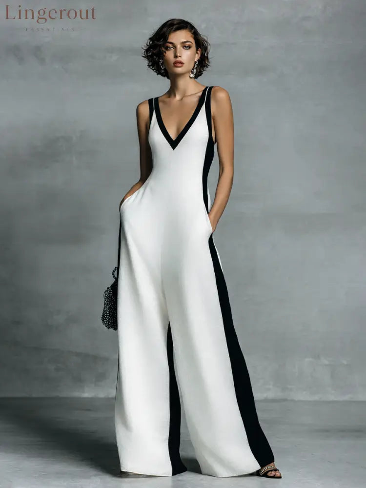 Women’s Fashion Black and White Cotton Linen Color Block Thin Strap Jumpsuit