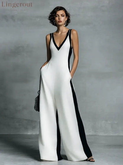 Women’s Fashion Black and White Cotton Linen Color Block Thin Strap Jumpsuit