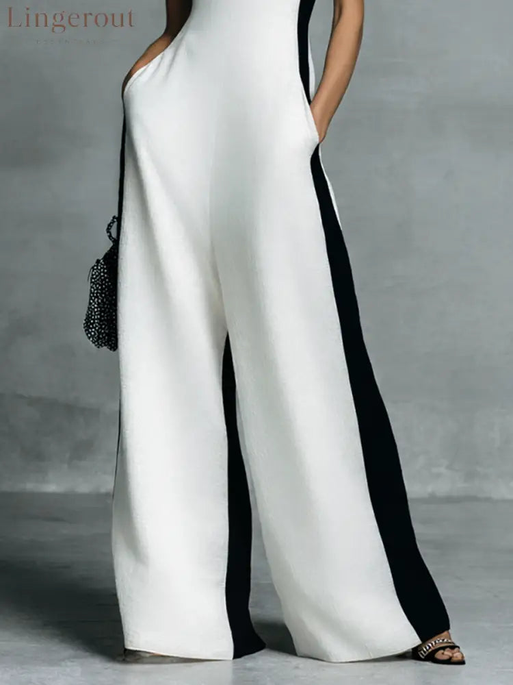 Women’s Fashion Black and White Cotton Linen Color Block Thin Strap Jumpsuit