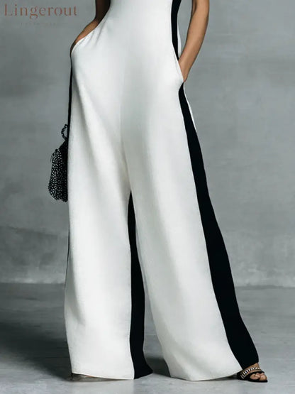 Women’s Fashion Black and White Cotton Linen Color Block Thin Strap Jumpsuit