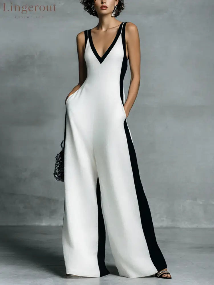 Women’s Fashion Black and White Cotton Linen Color Block Thin Strap Jumpsuit - Black And White / XS