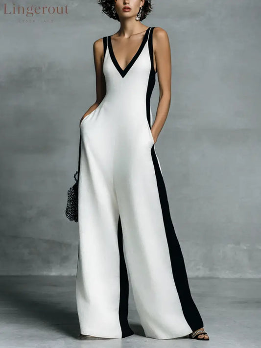 Women’s Fashion Black and White Cotton Linen Color Block Thin Strap Jumpsuit - Black And White / XS