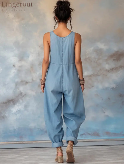 Women’s Floral Pattern Sleeveless Denim Jumpsuit