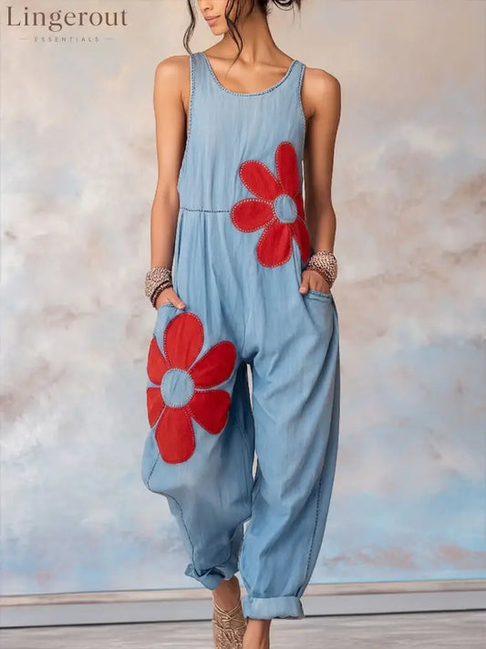 Women’s Floral Pattern Sleeveless Denim Jumpsuit - Blue / S
