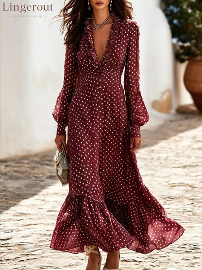 Women’s Green White Polka Dot Ruffle V-Neck Long Sleeve Flowy Maxi Dress - Burgundy / S