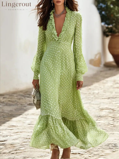 Women’s Green White Polka Dot Ruffle V-Neck Long Sleeve Flowy Maxi Dress - Green / S
