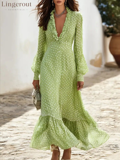 Women’s Green White Polka Dot Ruffle V-Neck Long Sleeve Flowy Maxi Dress - Green / S