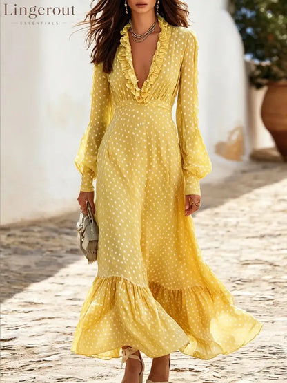 Women’s Green White Polka Dot Ruffle V-Neck Long Sleeve Flowy Maxi Dress - Yellow / S