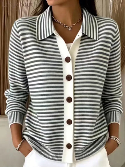 Women’s Green‑White Stripe Collared Button Front Knit Cardigan - Black / XS