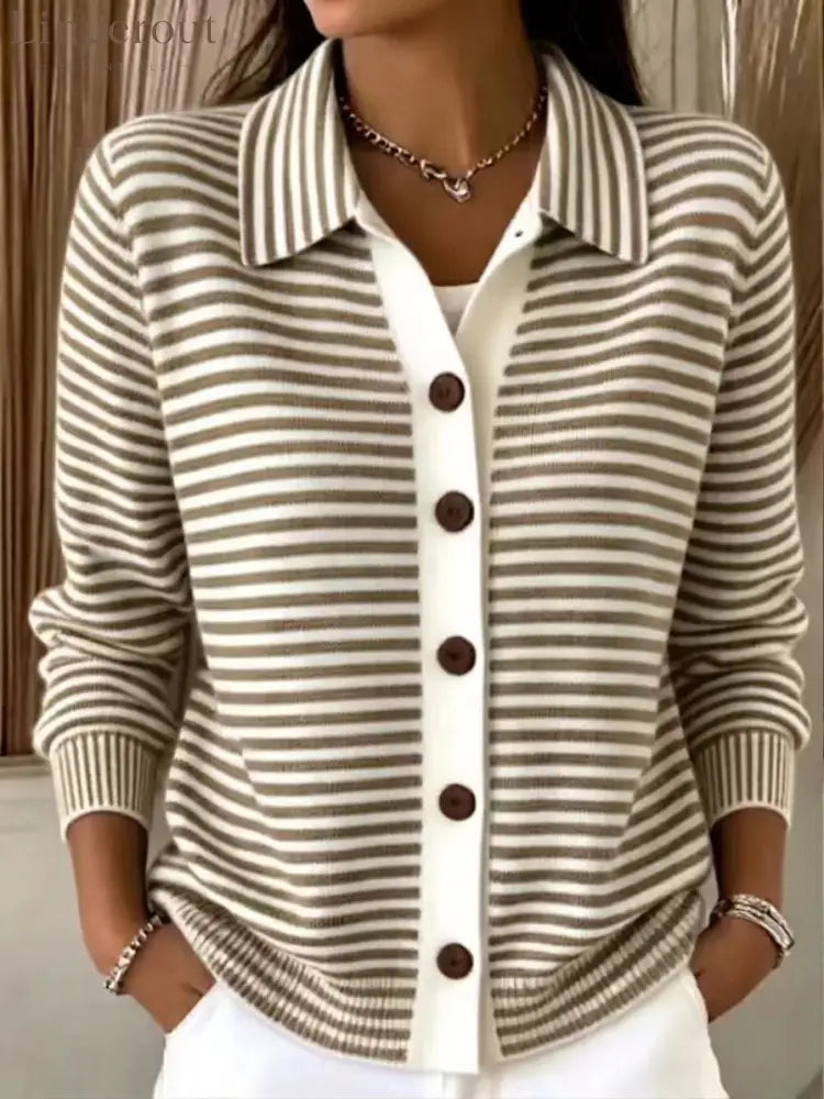 Women’s Green‑White Stripe Collared Button Front Knit Cardigan - Brown / XS