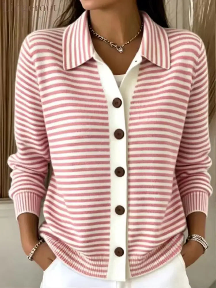 Women’s Green‑White Stripe Collared Button Front Knit Cardigan - Pink / XS