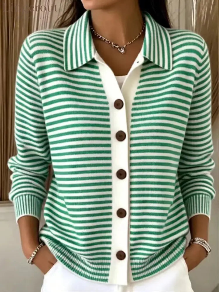 Women’s Green‑White Stripe Collared Button Front Knit Cardigan - Green / XS