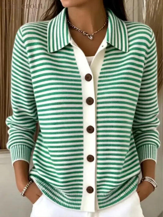 Women’s Green‑White Stripe Collared Button Front Knit Cardigan - Green / XS