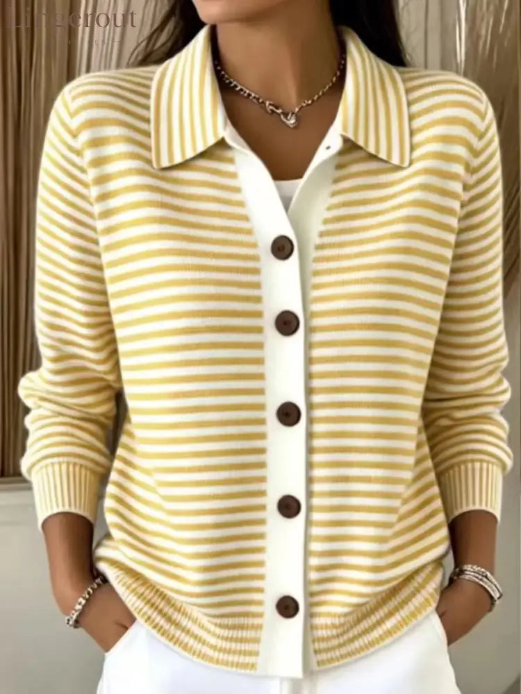 Women’s Green‑White Stripe Collared Button Front Knit Cardigan - Yellow / XS
