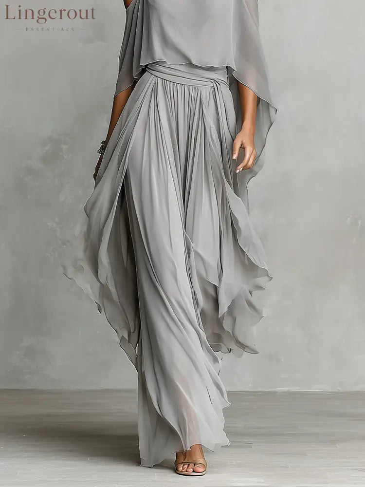 Women’s Grey Breathable Chiffon Maxi Dress With Cold-Shoulder Detail & Flared Silhouette