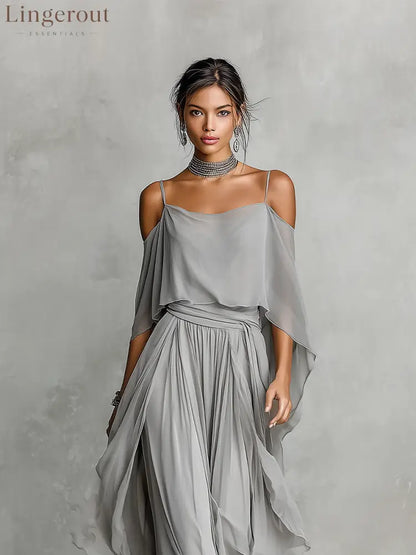 Women’s Grey Breathable Chiffon Maxi Dress With Cold-Shoulder Detail & Flared Silhouette