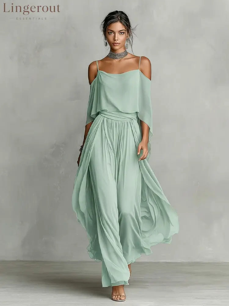 Women’s Grey Breathable Chiffon Maxi Dress With Cold-Shoulder Detail & Flared Silhouette - Green / XS