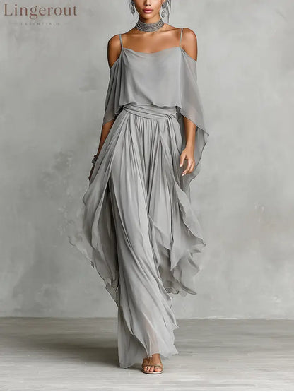 Women’s Grey Breathable Chiffon Maxi Dress With Cold-Shoulder Detail & Flared Silhouette - Grey / XS