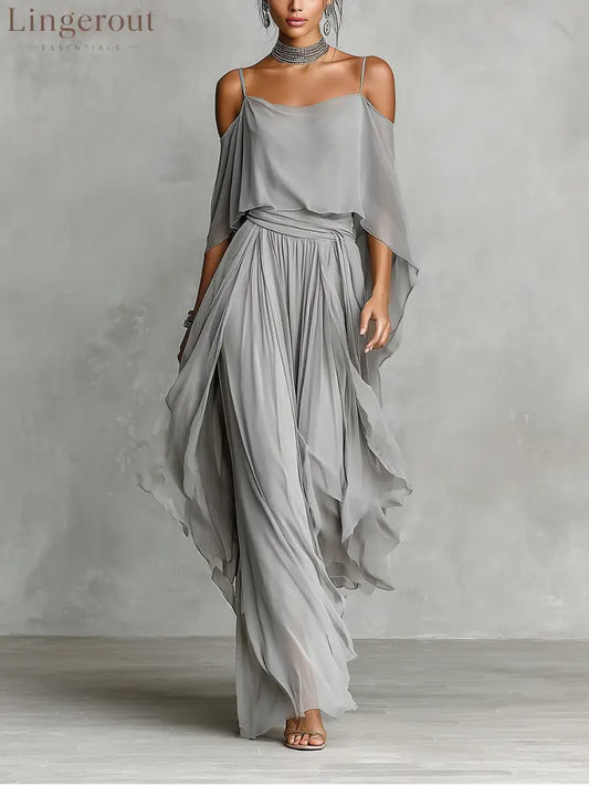 Women’s Grey Breathable Chiffon Maxi Dress With Cold-Shoulder Detail & Flared Silhouette - Grey / XS