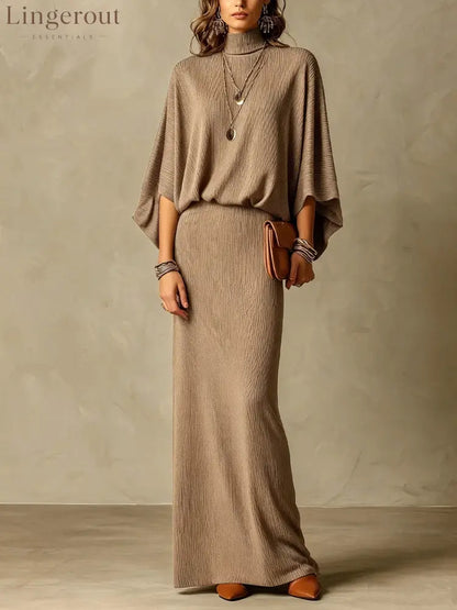 Women’s Grey Ribbed Turtleneck Batwing Top & High Waist Maxi Skirt Two Piece Set - Apricot / S