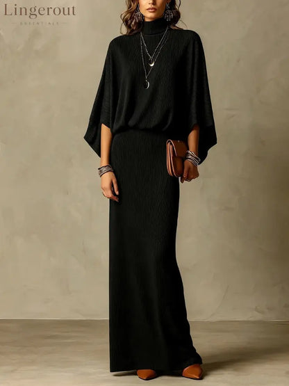 Women’s Grey Ribbed Turtleneck Batwing Top & High Waist Maxi Skirt Two Piece Set - Black / S