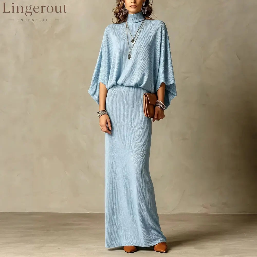 Women’s Grey Ribbed Turtleneck Batwing Top & High Waist Maxi Skirt Two Piece Set - Blue / S