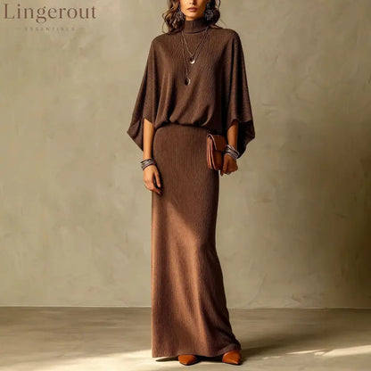 Women’s Grey Ribbed Turtleneck Batwing Top & High Waist Maxi Skirt Two Piece Set - Brown / S
