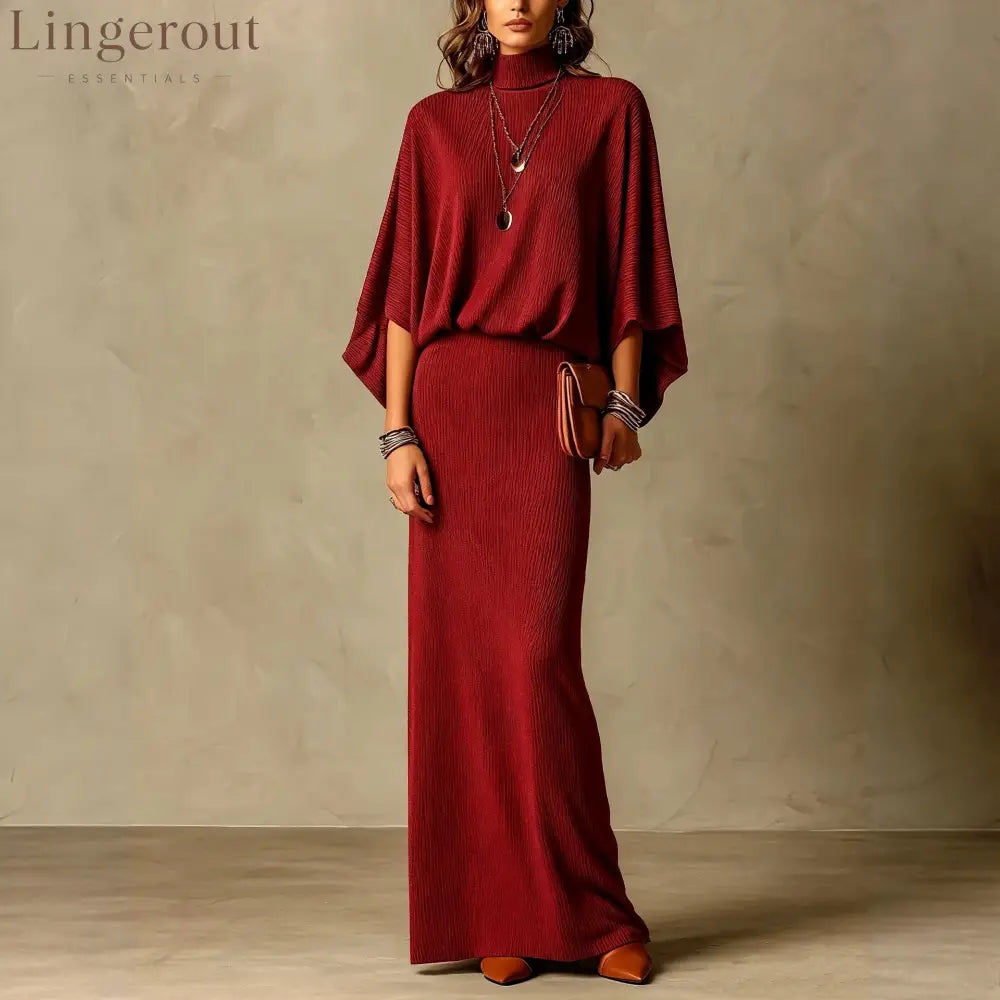 Women’s Grey Ribbed Turtleneck Batwing Top & High Waist Maxi Skirt Two Piece Set - Burgundy / S