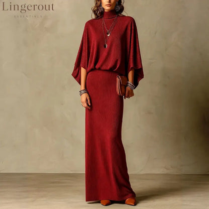 Women’s Grey Ribbed Turtleneck Batwing Top & High Waist Maxi Skirt Two Piece Set - Burgundy / S