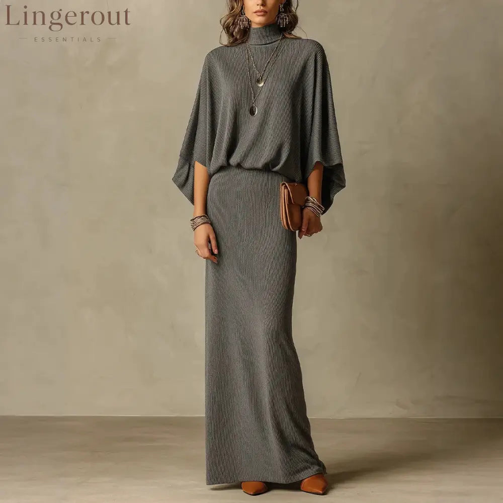 Women’s Grey Ribbed Turtleneck Batwing Top & High Waist Maxi Skirt Two Piece Set - Grey / S