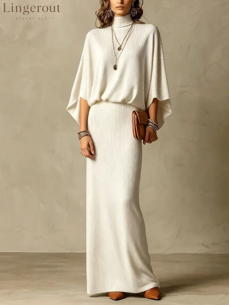 Women’s Grey Ribbed Turtleneck Batwing Top & High Waist Maxi Skirt Two Piece Set - White / S