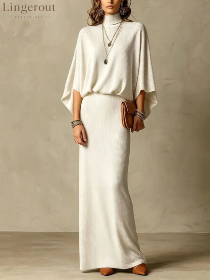 Women’s Grey Ribbed Turtleneck Batwing Top & High Waist Maxi Skirt Two Piece Set - White / S