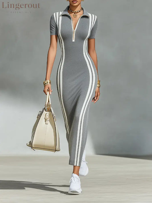 Women's Grey Stretchy Rib Knit Maxi Dress With Zip Polo Collar & Vertical Side Stripes, Chic Sporty Bodycon Pencil Dress MDZ2497F8LYL