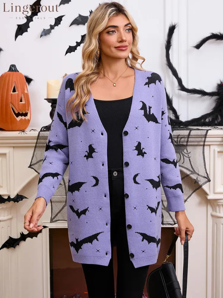 Women’s Halloween Bat Moon Print V Neck Long Sleeve Button Front Knit Cardigan