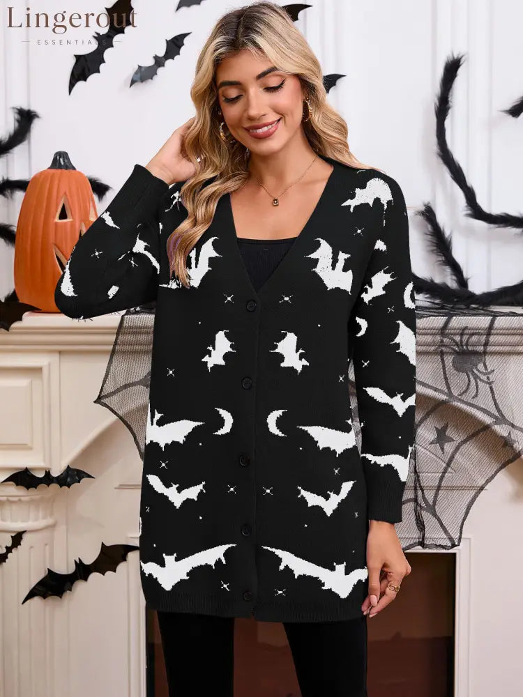 Women’s Halloween Bat Moon Print V Neck Long Sleeve Button Front Knit Cardigan