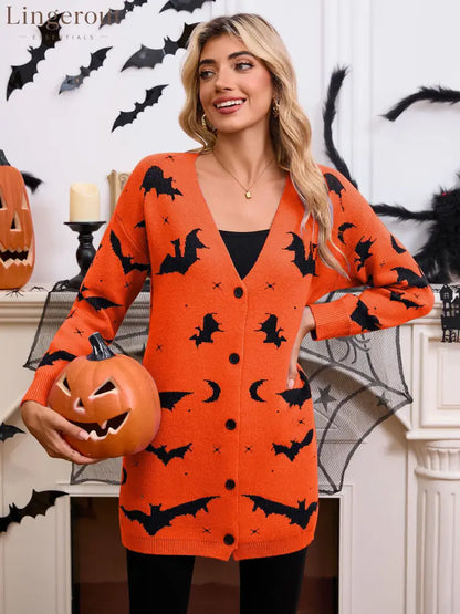 Women’s Halloween Bat Moon Print V Neck Long Sleeve Button Front Knit Cardigan