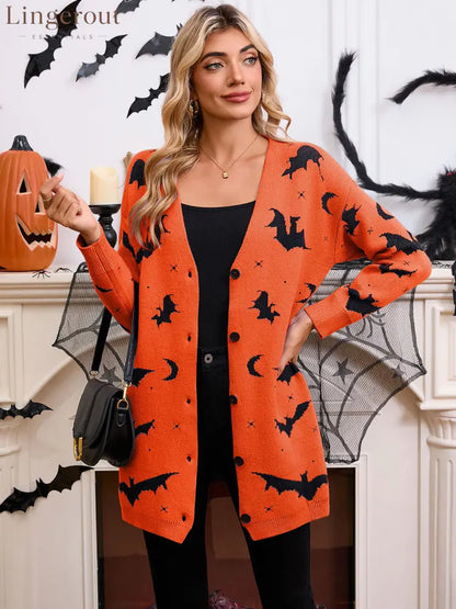 Women’s Halloween Bat Moon Print V Neck Long Sleeve Button Front Knit Cardigan