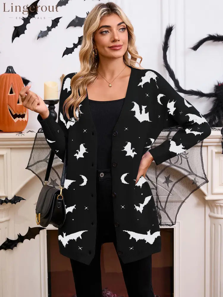 Women’s Halloween Bat Moon Print V Neck Long Sleeve Button Front Knit Cardigan